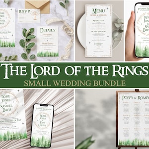 Könnte beinhalten: Eine Lord of the Rings-Hochzeits-Einladungssuite mit einem Aquarell-Waldhintergrund. Die Einladung zeigt einen goldenen Kranz mit dem Text "Rosie Jones & Samuel Davis" und dem Datum "Samstag, der 14. Juli". Die RSVP-Karte zeigt eine goldene Baumillustration. Die Detailkarte zeigt einen Aquarell-Waldhintergrund mit dem Text "Details". Die Speisekarte zeigt einen goldenen Rahmen mit dem Text "Menü Rosie & Samuel" und eine Liste von Vorspeisen, Hauptgerichten und Desserts. Die Empfangs-Karte zeigt einen goldenen Kranz mit dem Text "Rosie Jones & Sam Davis" und dem Text "Abend-Empfang". Der Sitzplan zeigt einen goldenen Rahmen mit dem Text "Poppy & Romeo" und eine Liste von Tischen mit den Namen der Gäste.