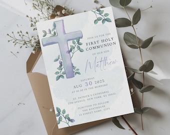 First Holy Communion Invitation Template, Boy 1st Communion Invite Template, Greenery First Communion Printable, Digital Download
