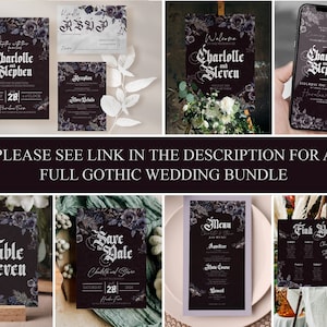 May include: A set of gothic wedding stationery featuring black and white illustrations of flowers and vines. The text includes "Charlolle and Stephen", "Save the Date", "Table Seven", "Menu", and "Find Your Seat".