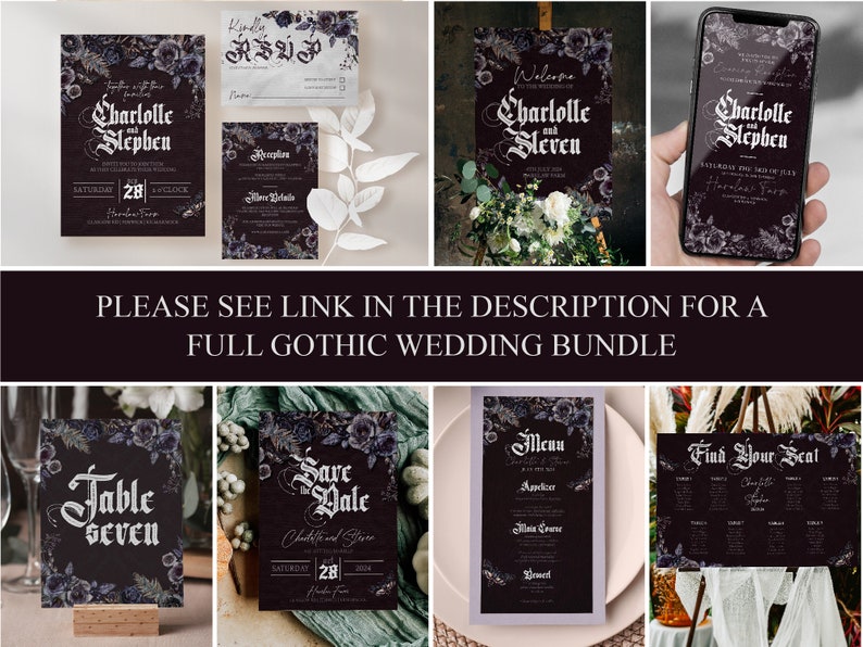 May include: A set of gothic wedding stationery featuring black and white illustrations of flowers and vines. The text includes "Charlolle and Stephen", "Save the Date", "Table Seven", "Menu", and "Find Your Seat".