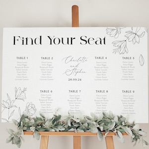 Modelo de plano de mesa de casamento ELEGANTE Encontre seu assento Placa de casamento Editável Modelo de gráfico de assentos florais minimalistas para impressão Download digital
