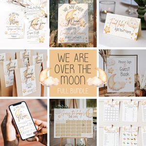 May include: A collection of baby shower decorations with a celestial theme. The designs feature a crescent moon, stars, and clouds in soft pastel colors. Items include invitations, thank you cards, a welcome sign, and a calendar.
