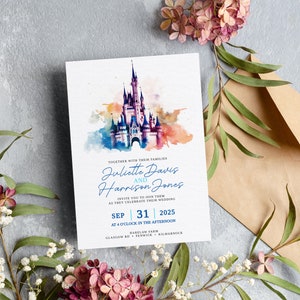 May include: A watercolor illustration of Cinderella's Castle at Walt Disney World, with a wedding invitation for Juliette Davis and Harrison Jones. The invitation is for September 31, 2025, at 4 o'clock in the afternoon at Barlow Farm in Glasgow, Fernick, Kilmarnock.