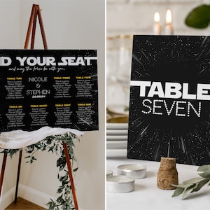 Modello di pacchetto di carte da tavolo per matrimoni SCI FI e modello di pacchetto per posti a sedere Numeri da tavolo per matrimoni geek Carte da tavolo stampabili per matrimoni nerd facili da modificare