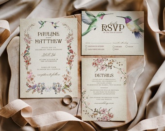 Botanical Wedding Invitation Bundle, Rustic Floral Wedding Invite Template Set, Editable Vintage Birds Wedding Invitation, Digital Download