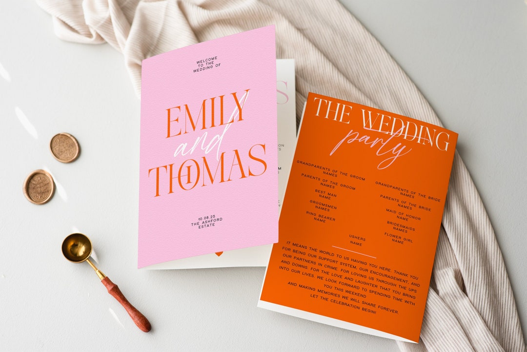 Retro Wedding Program Template, Funky Wedding Program, Pink Orange ...