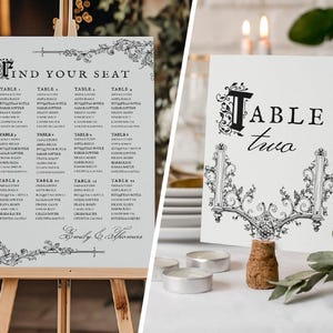 May include: Two wedding reception signs. One is a seating chart on an easel with the words "FIND YOUR SEAT" and guest names. The other is a table number card that says "TABLE two". Both signs have decorative black floral designs.