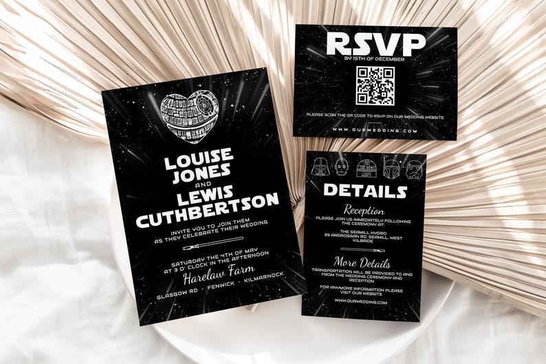 May include: Black and white wedding invitation with a Star Wars theme. The invitation features a Death Star in the shape of a heart with the couple's names and wedding details. The RSVP card includes a QR code and website address. The details card lists the reception location and other information.