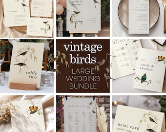 Vintage Birds Large Wedding Bundle, Simple Elegant Invitation Templates, Birds Wedding Set, Editable Template Bundle, Digital Download