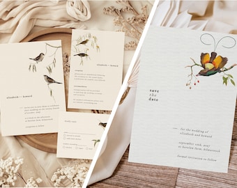 Vintage Birds Wedding Invitation Save the Date Bundle, Minimal Wedding Invitation Template, Birds Wedding Printable Table Cards Easy to Edit