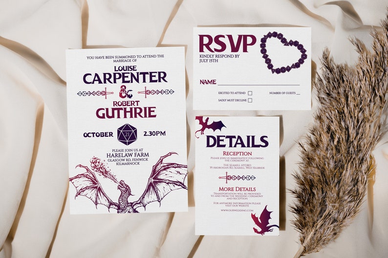 DnD Wedding Invite Geek Wedding Invitation Suite D20 RPG Fantasy Stationery Digital Download Printable Editable Template image 1