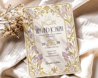 Art Nouveau Wedding Invitation Template, Lavender Iris Wedding Invite, Mucha Style Floral Invite, Watercolor Envelope Liner, Printable