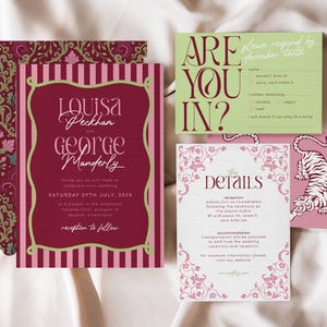 Puede incluir: Conjunto de invitaciones de boda en borgoña y rosa. La tarjeta principal muestra los nombres "Louisa Peckham y George Manderly". Otras tarjetas incluyen tarjetas RSVP y de detalles con diseños florales y una ilustración de tigre.