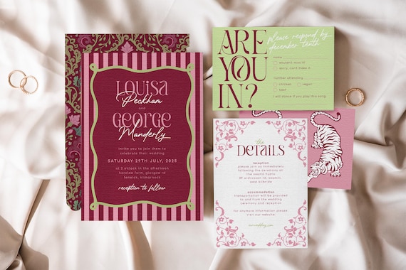 Art Deco Wedding Invitation Set: Wine & Sage, Maximalist Template (Digital Download)