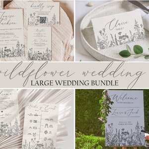 Wildblumen Botanische Hochzeit Bundle Vorlagen QR Code Antwortkarten & Details Hochzeit Timeline Namenskarten Wildblumen Einladen bearbeitbar Digitaler Download