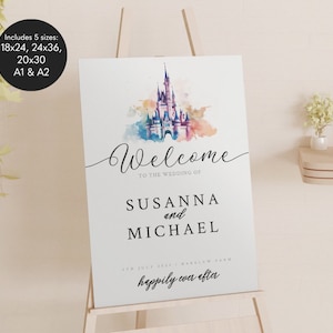 Puede incluir: Un cartel de bienvenida de boda con una ilustración de acuarela del castillo de Cenicienta. El cartel dice "Bienvenido a la boda de Susanna y Michael" con la fecha y "happily ever after".
