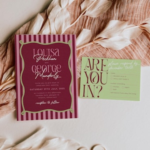 May include: Wedding invitation suite featuring a burgundy and green color scheme. The main invitation has a striped border and elegant typography. A response card with "ARE YOU IN?" is also present, along with floral wax seals.