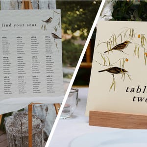 Lot de cartes de table et plan de table de mariage oiseaux vintage, numéros de table de mariage minimaux, cartes de table imprimables de mariage faciles à modifier