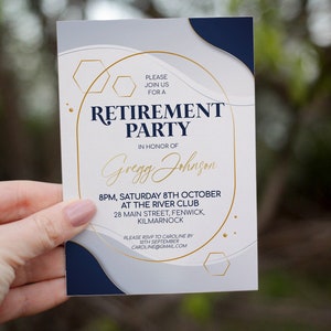 Modèle d'invitation de fête de retraite moderne, modèle modifiable d'invitation de retraite minimale élégante, téléchargement numérique, fête de retraite masculine