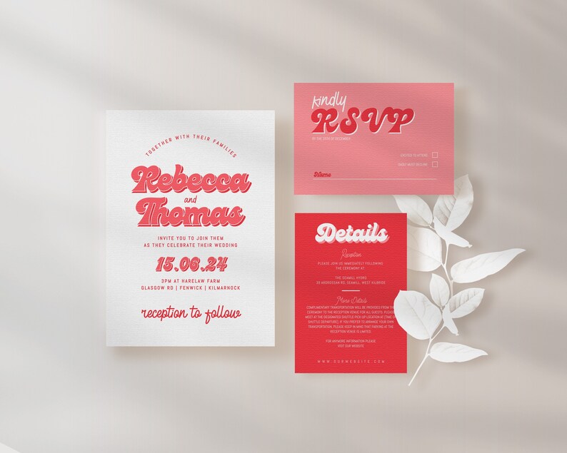 May include: Wedding invitation suite with a red and white color scheme. The main invitation features the names "Rebecca and Thomas" in a retro font. The RSVP card has a pink background and the details card has a red background.