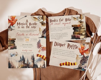 Magical Wizard Baby Shower Invitation Template, Magical Bundle Invite Printable, Nerdy Book Request Card and Diaper Raffle, Digital Download