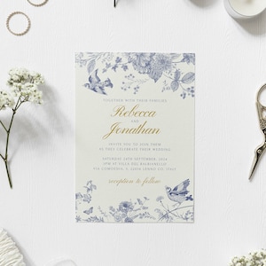 Vintage Wedding Invitation Template Editable Blue Floral Birds Wedding Invite Printable Romantic Wedding Invitation Digital Download