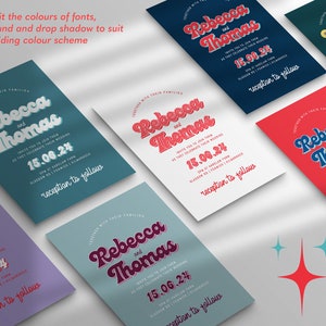 May include: A set of wedding invitations with different colored backgrounds. The invitations feature a retro font style with the names "Rebecca and Thomas" and the date "15.06.24". The text "reception to follow" is also included on each invitation.