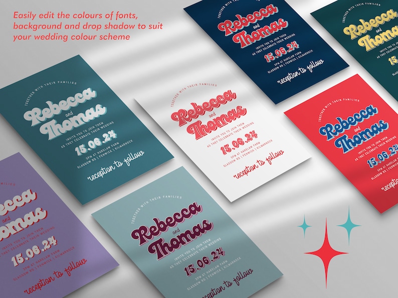 May include: A set of wedding invitations with different colored backgrounds. The invitations feature a retro font style with the names "Rebecca and Thomas" and the date "15.06.24". The text "reception to follow" is also included on each invitation.