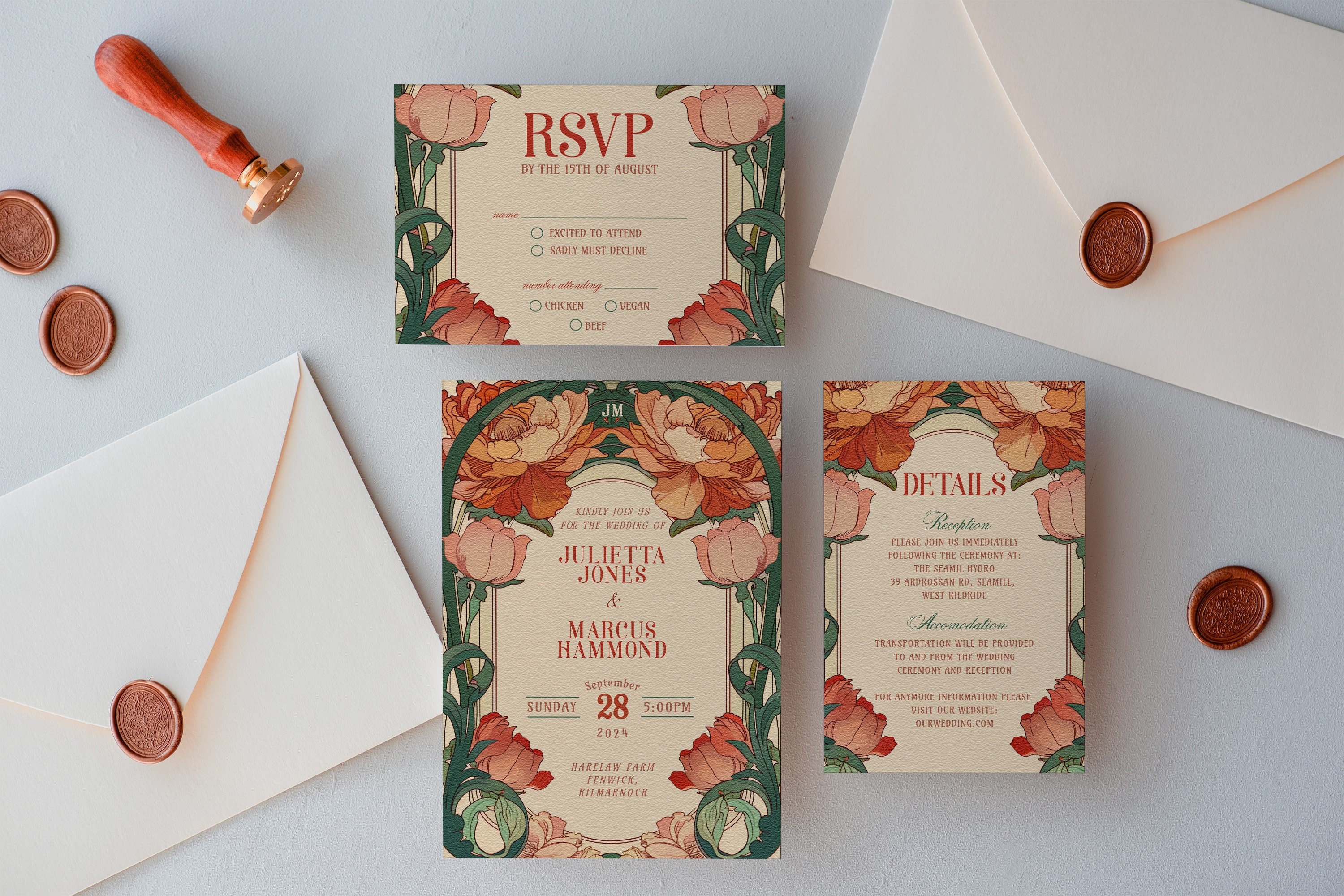 Rose Art Nouveau Wedding Invitation Set