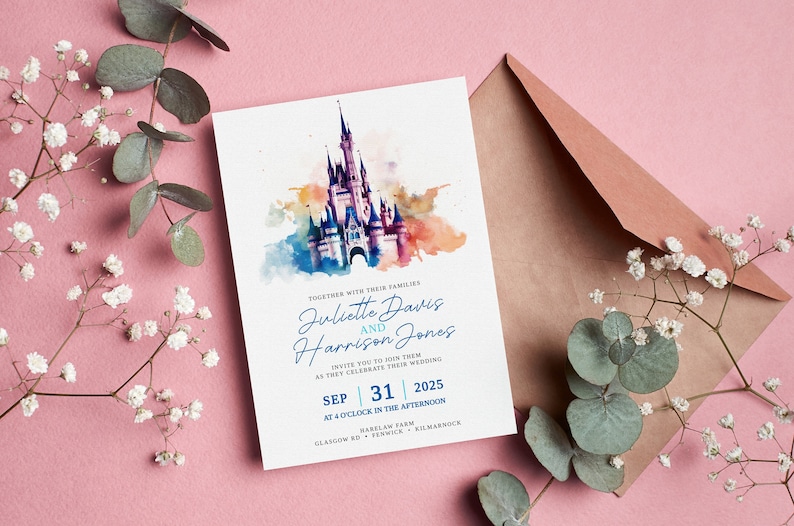 May include: A wedding invitation with a watercolor illustration of Cinderella's Castle at Walt Disney World. The invitation is for Juliette Davis and Harrison Jones, and it states the wedding will take place on September 31, 2025, at 4 o'clock in the afternoon at Barelam Farm in Kilmarnock.