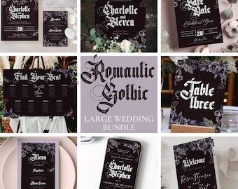 May include: A collection of dark purple wedding stationery with floral accents. Includes invitations, welcome signs, table cards, and a menu. The text includes names, dates, and phrases like "Find Your Seat" and "Table Three."