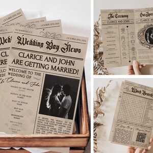 Puede incluir: Un anuncio de boda de estilo periódico vintage. El titular dice "¡Clarice y John se casan!" con una foto de la pareja. El anuncio incluye detalles sobre la boda, como los nombres de los padres de la novia y el novio, la dama de honor y el padrino.