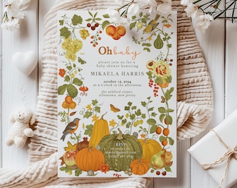 Pumpkin Baby Shower Invitation Editable Template, Autumn Baby Shower Printable, Floral Fall Baby Shower, Cute Boho Invite, Digital Download