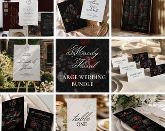 Moody Floral Wedding Bundle, Dark Romance Invitation Suite and Signs, Burgundy Rose Gothic Wedding Template Set, Editable Large Bundle