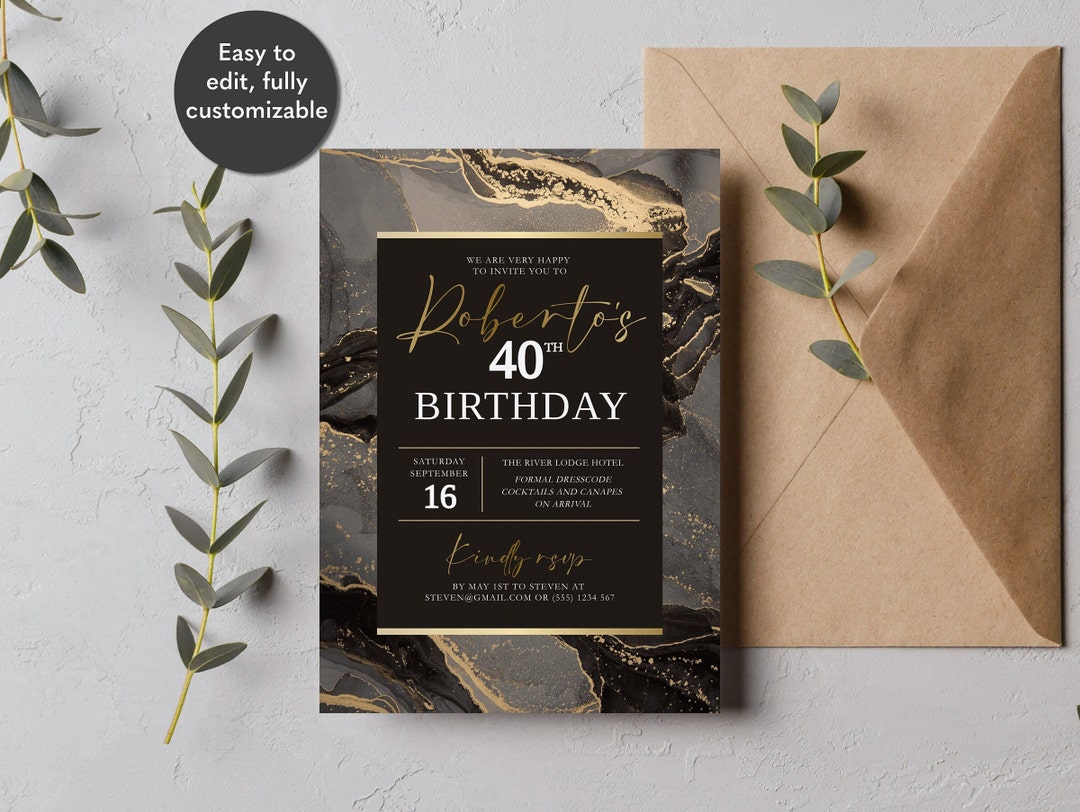 Black and Gold Birthday Invite Template Editable Luxury Birthday Marble