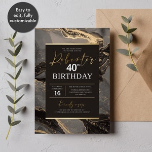 Schwarz Gold Geburtstagseinladung Vorlage Bearbeitbarer Luxus Geburtstag Marmor Einladung Druck zu Hause Gold Glitzer Party Einladen Digitaler Download