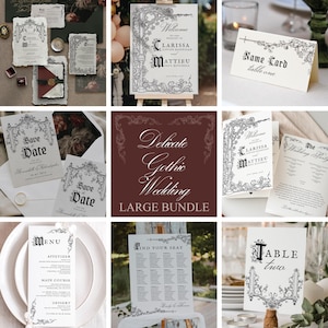 Puede incluir: Una colección de papelería de boda de temática gótica, que incluye invitaciones, menús y tarjetas de mesa. Los diseños presentan bordes florales ornamentados en blanco y negro y una tipografía elegante. El texto incluye "Save the Date", "Menú" y "Find Your Seat".