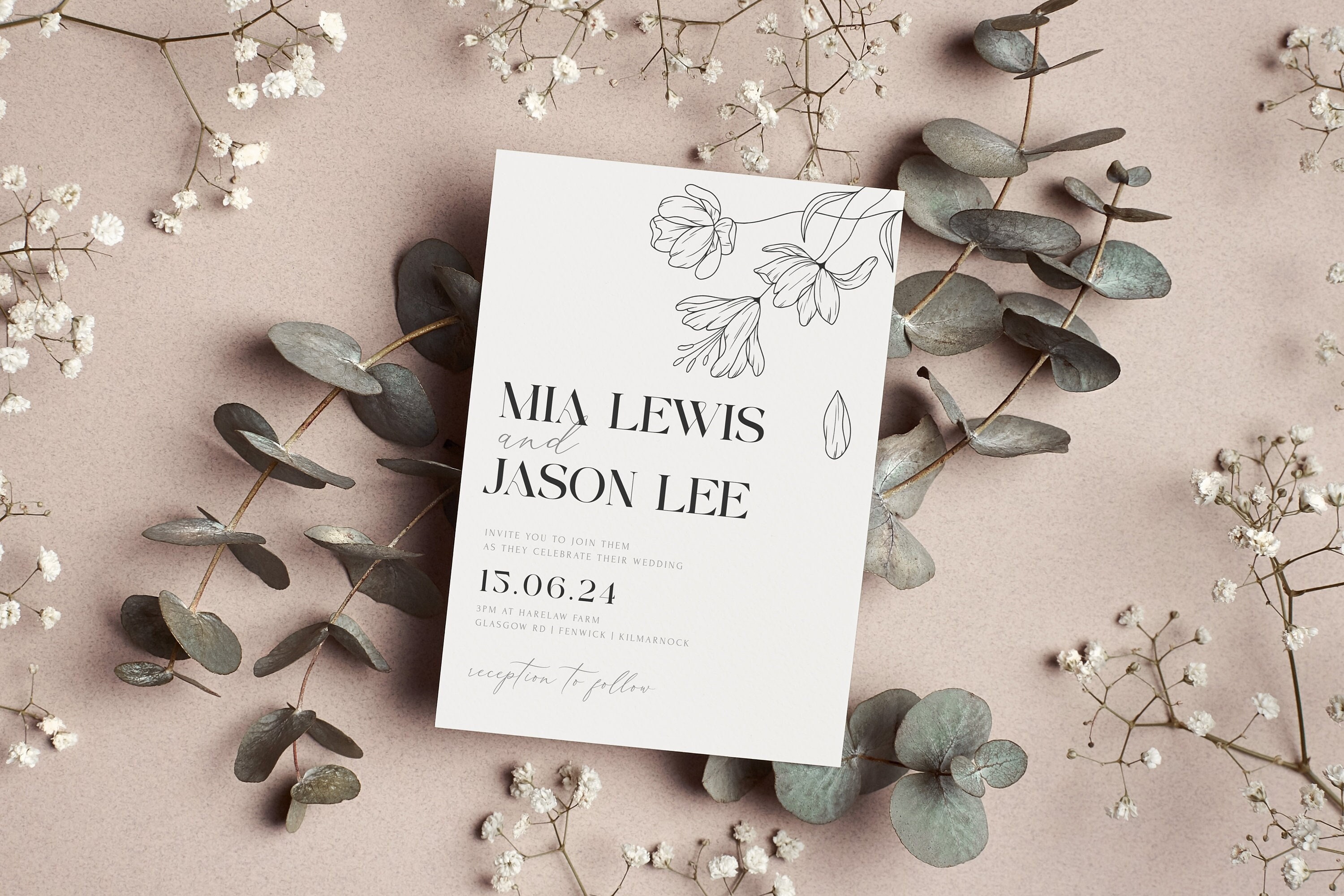 White Floral Wedding Invite Template Minimal Simple