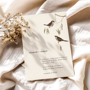 Invitación de boda con pájaros vintage, invitación de boda natural, plantilla de boda vintage, plantilla editable para boda al aire libre, descarga digital