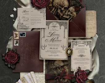 Gothic Wedding Invitation, Stained Glass Skeleton Envelope Liner, Dark Romance Invite RSVP Details, Romantic Goth Wedding, Digital Download