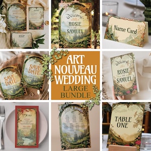 Fantasy Mucha Large Wedding Bundle, Nature Art Nouveau Invitation Template, Mucha Wedding Set, Editable Template Bundle, Digital Download