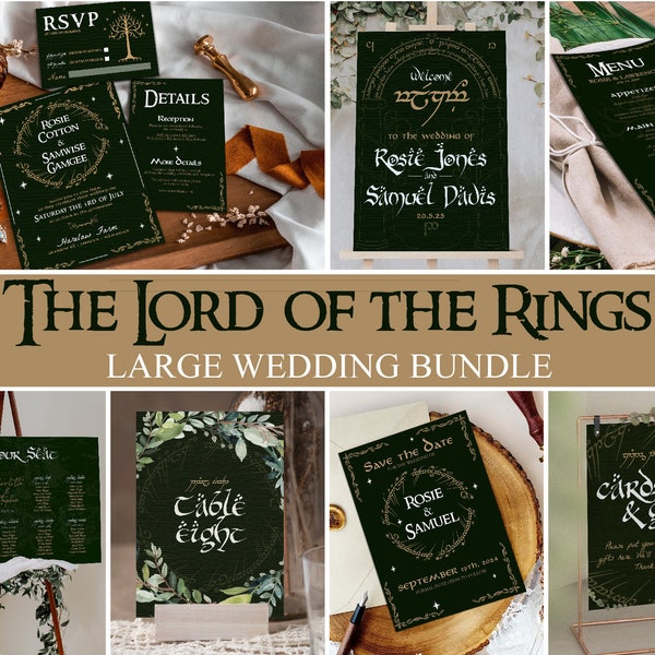 Lot de mariage LOTR Large Bundle Modèles modifiables Mariage geek Faire-part Tolkien Hobbit Panneau de bienvenue en téléchargement numérique Templett