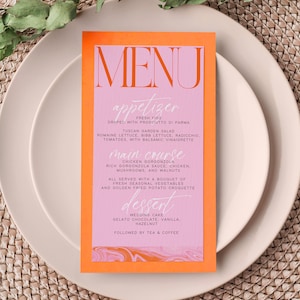 Modèle de Menu de mariage rétro, carte de menu rétro modifiable, modèle de mariage rose orange, mariage amusant unique, téléchargement numérique