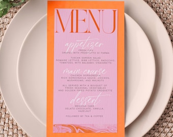 Retro Wedding Menu Template, Editable Retro Menu Card, Pink Orange Wedding Template, Unique Fun Wedding, Digital Download