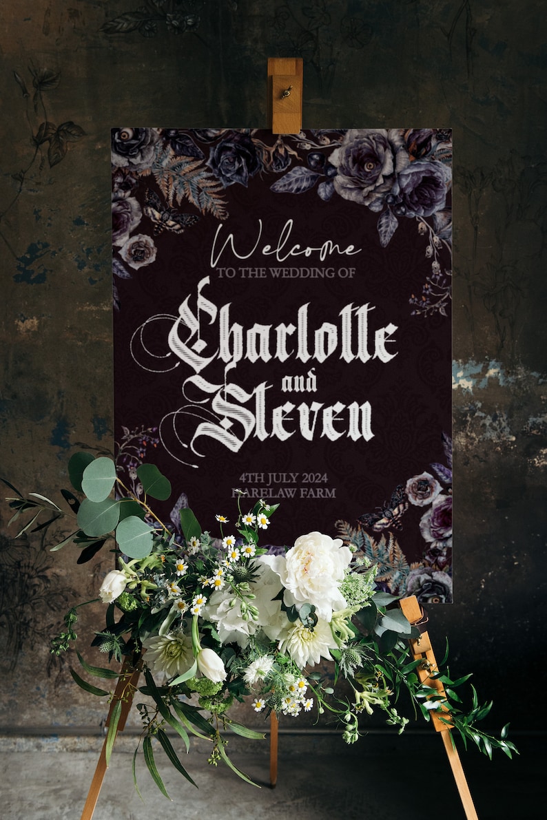 May include: A dark purple wedding welcome sign with a floral design and the text "Welcome to the wedding of Charlotte and Steven 4th July 2024 Farelaw Farm".