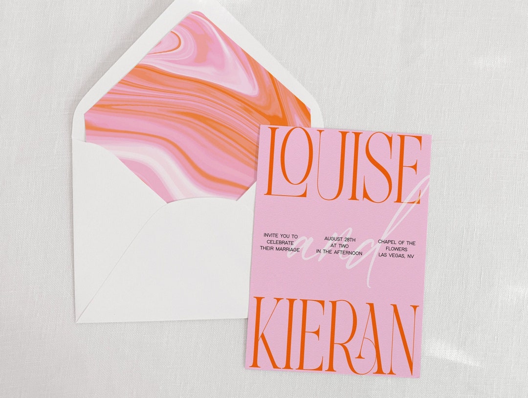 Retro Wedding Invitation Template, Bold Wedding Invitation, Pink Orange ...