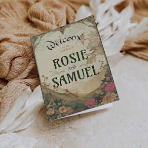 Peut inclure: Une invitation de mariage avec un motif floral et le texte "Bienvenue au mariage de Rosie et Samuel".