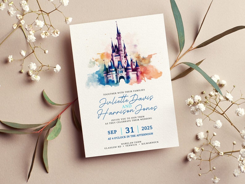 May include: A watercolor illustration of Cinderella's Castle at Walt Disney World, with a wedding invitation for Juliette Davis and Harrison Jones. The invitation is for September 31, 2025, at 4 o'clock in the afternoon at Harelam Farm in Glasgow Rd, Fenwick, Kilmarnock.