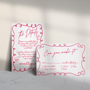 May include: Two white wedding invitation cards with red handwritten text and decorative borders. One card reads "The Details" and includes event information. The other asks "Can you make it?" with RSVP options.