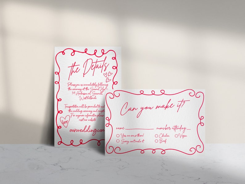 May include: Two white wedding invitation cards with red handwritten text and decorative borders. One card reads "The Details" and includes event information. The other asks "Can you make it?" with RSVP options.
